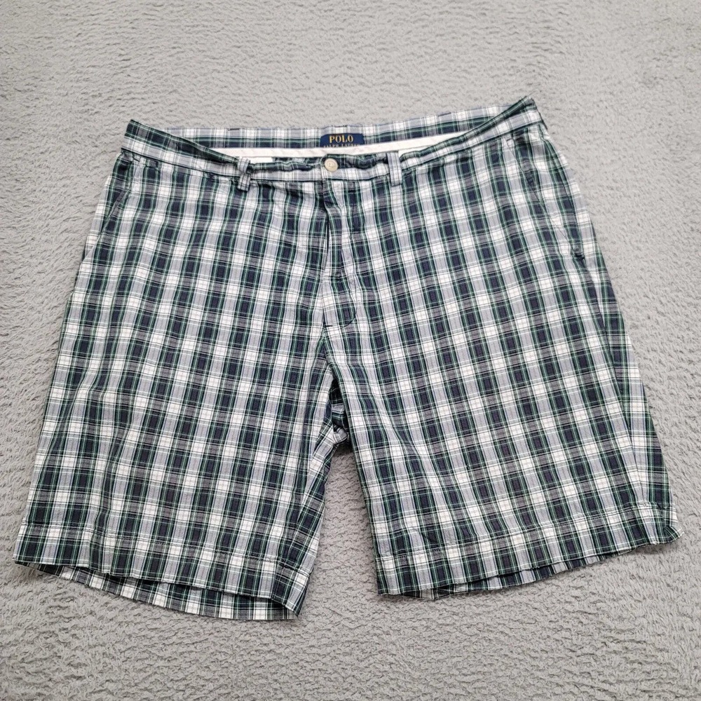 Polo Ralph Lauren Shorts Mens 38 White Green Blue Bermuda Summer Beach Plaid